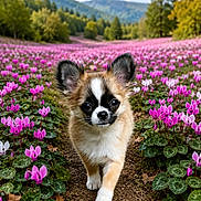 Bradley a rejoint le concours — aidez-le/la à gagner de superbes lots ! dog, puppy, small_dog, papillon, outdoor, flower_field, cyclamen, pink_flowers, woodland, forest, mountains, mountain_landscape, autumn, trees, nature, dirt_path, walking, fluffy_fur, large_ears, animal_portrait