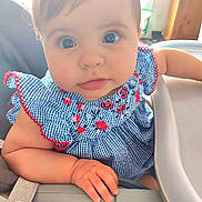 Aloïs participe au concours pour gagner de l'argent avec cette photo : baby, child, high_chair, blue_dress, floral_pattern, curious, face, hand, indoor, natural_light, soft_light, cute, infant, portrait, seat, expression, young_child, person, closeup, skin