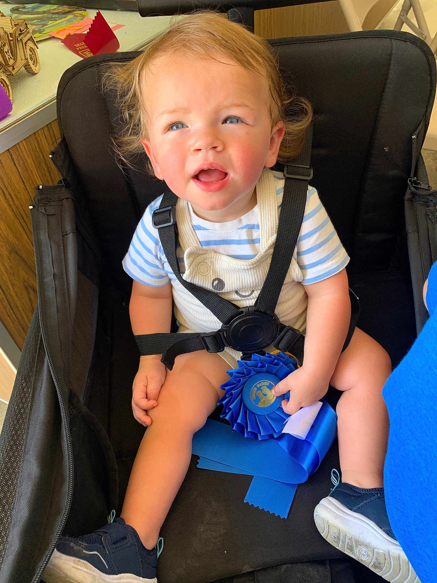 Ozzee is registered to the contest to win money with this photo: toddler, child, blue_ribbon, stroller, curly_hair, striped_shirt, overalls, shoes, indoor, award, seatbelt, hand, face, expression, toy, paper, black_stroller, light, furniture, person
