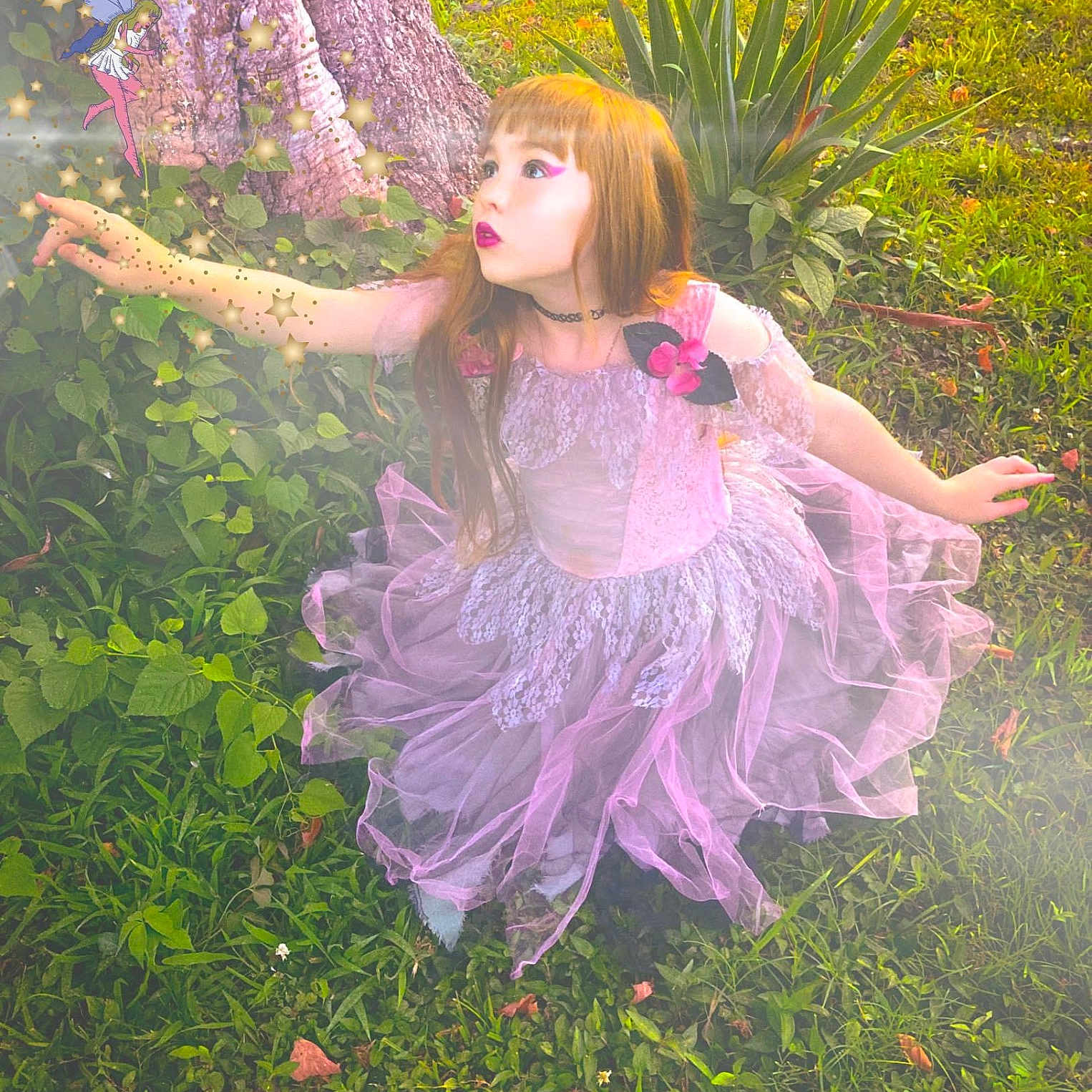 Emily is registered to the contest to win money with this photo: child, clothing, costume, dress, face, female, flower, girl, grass, head, herbal, herbs, leaf, person, petal, photography, plant, portrait, purple, vegetation