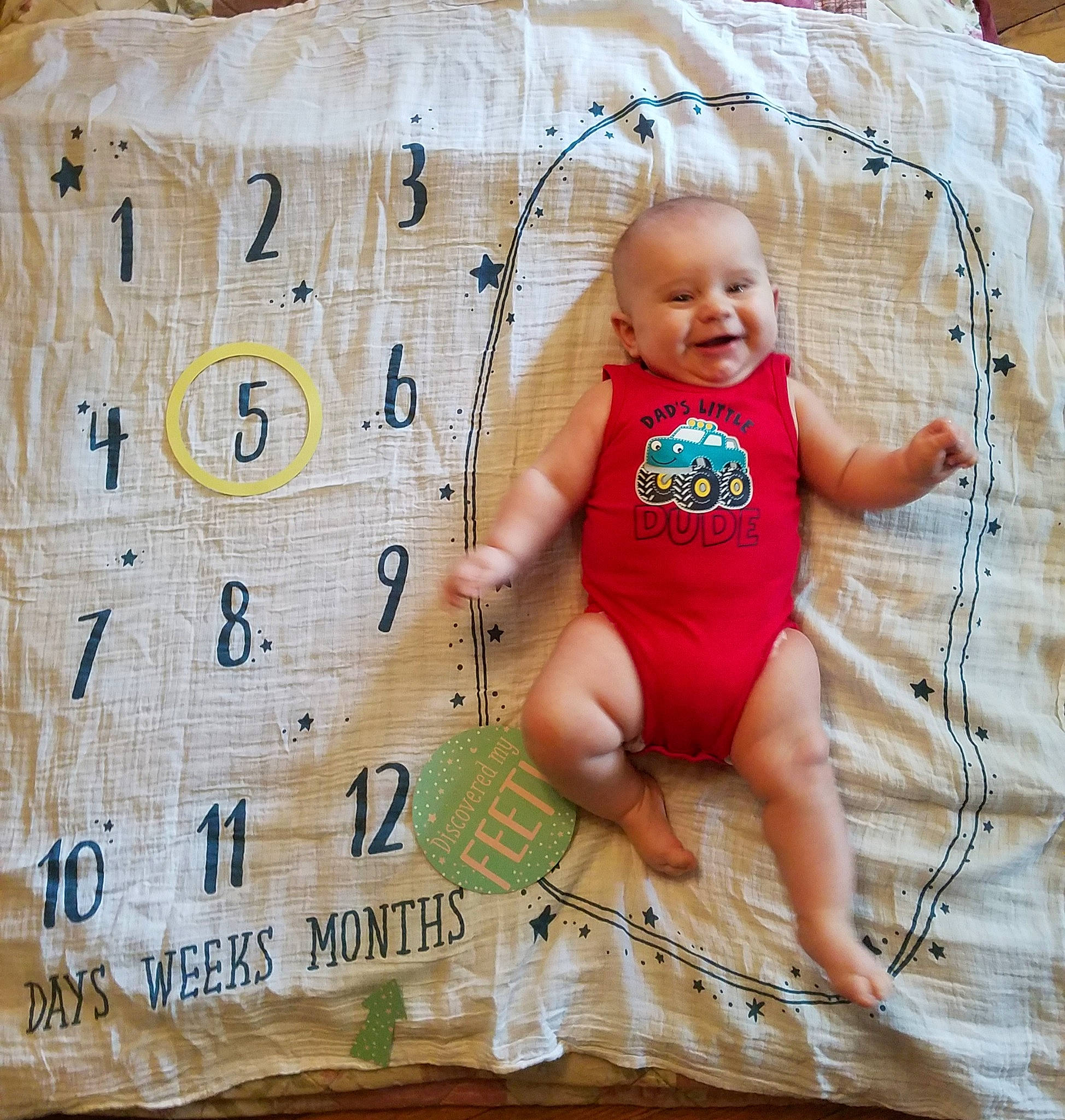 Johnathan is registered to the contest to win money with this photo: baby, baby_toddler_clothing, child, happy, joy, linens, pattern, person, play, product, textile, toddler