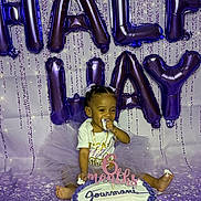 Jourmani joined the competition — help win amazing prizes! baby, cake, celebration, purple, balloons, tutu, smiling, birthday, frosting, gold_jewelry, sitting, party, decorations, child, happy, infant, festive, hands, feet, milestone