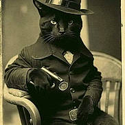 Leo joined the competition — help win amazing prizes! black_cat, cat, animal, vintage, black_and_white, hat, fedora, coat, gloves, gun, chair, portrait, animal_portrait, anthropomorphic, costume, indoors, sitting, serious, funny, retro