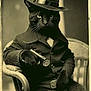 black_cat, cat, animal, vintage, black_and_white, hat, fedora, coat, gloves, gun, chair, portrait, animal_portrait, anthropomorphic, costume, indoors, sitting, serious, funny, retro