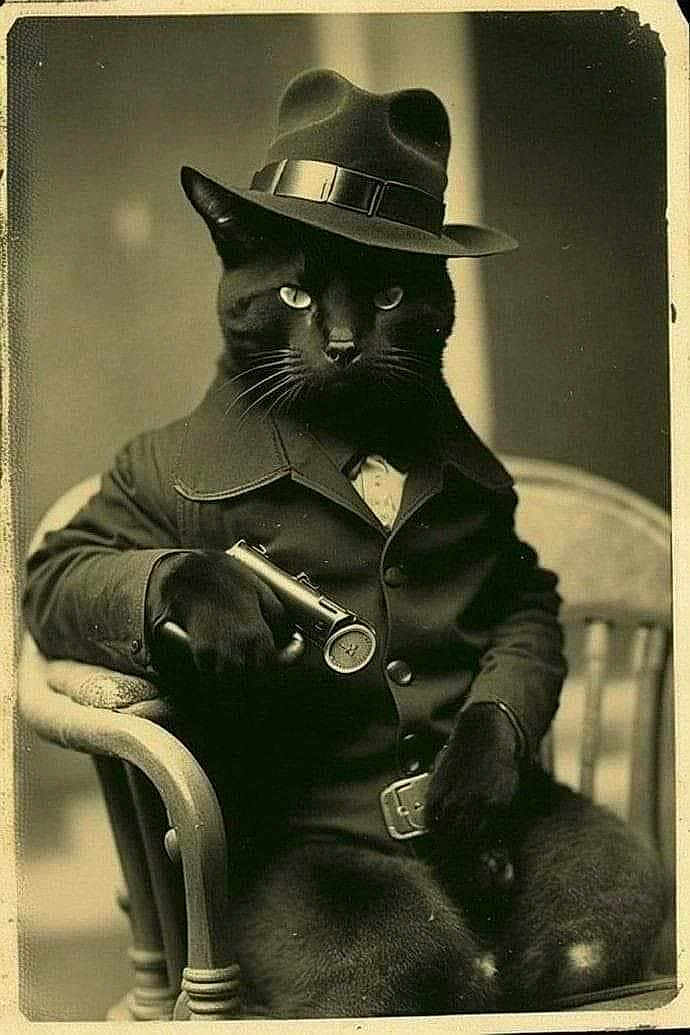 Leo joined the competition — help win amazing prizes! black_cat, cat, animal, vintage, black_and_white, hat, fedora, coat, gloves, gun, chair, portrait, animal_portrait, anthropomorphic, costume, indoors, sitting, serious, funny, retro