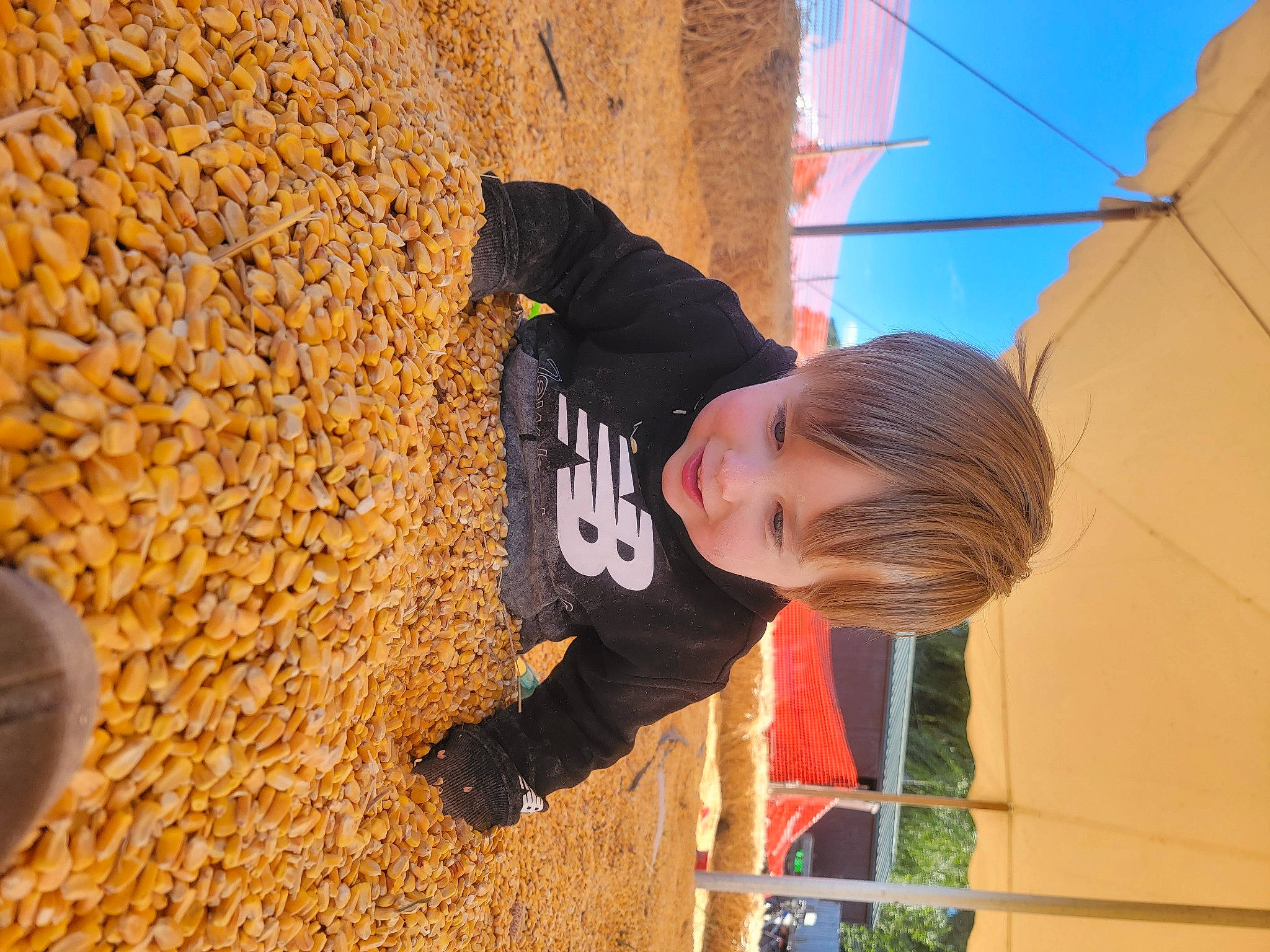 Langston is registered to the contest to win money with this photo: child, city, fun, grass, happy, joy, leisure, outdoor_play_equipment, people_in_nature, person, plant, play, recreation, shadow, sky, soil, t_shirt, toddler, tree, wood