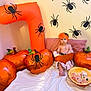Sofia joined the competition — help win amazing prizes! baby, child, pumpkin, balloon, orange, spider, halloween, birthday, costume, decoration, candy, headband, flower, face, person, wall, floor, pillow, blanket, celebration