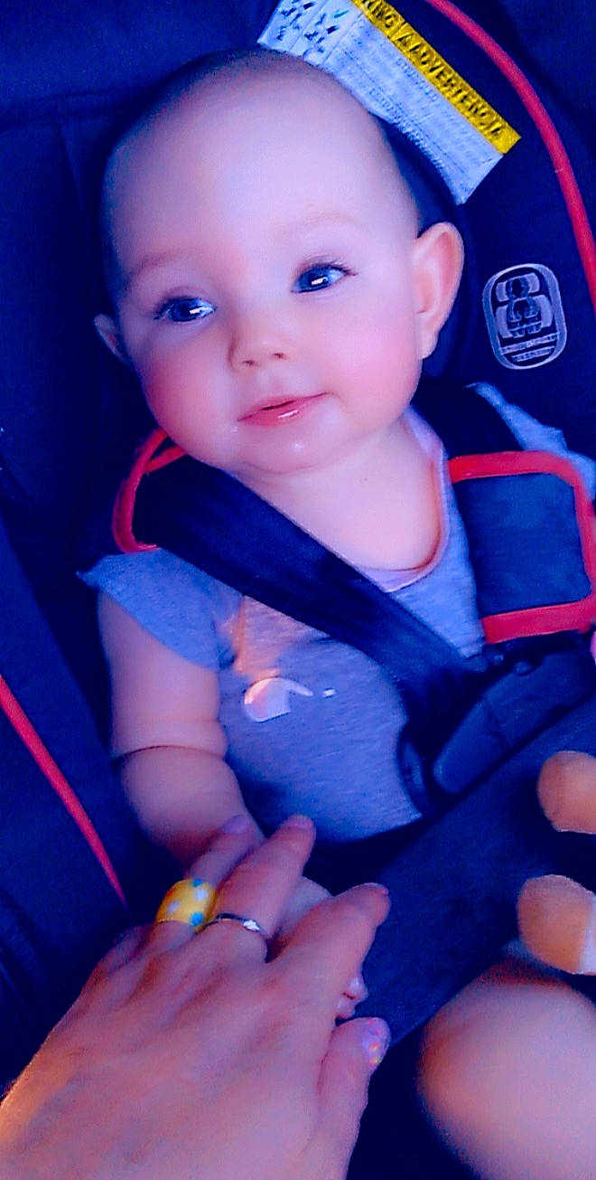 Leeann is registered to the contest to win money with this photo: arm, azure, baby, baby_toddler_clothing, blue, cheek, finger, gesture, hand, happy, nail, person, pink, product, purple, skin, smile, thumb, toddler, violet