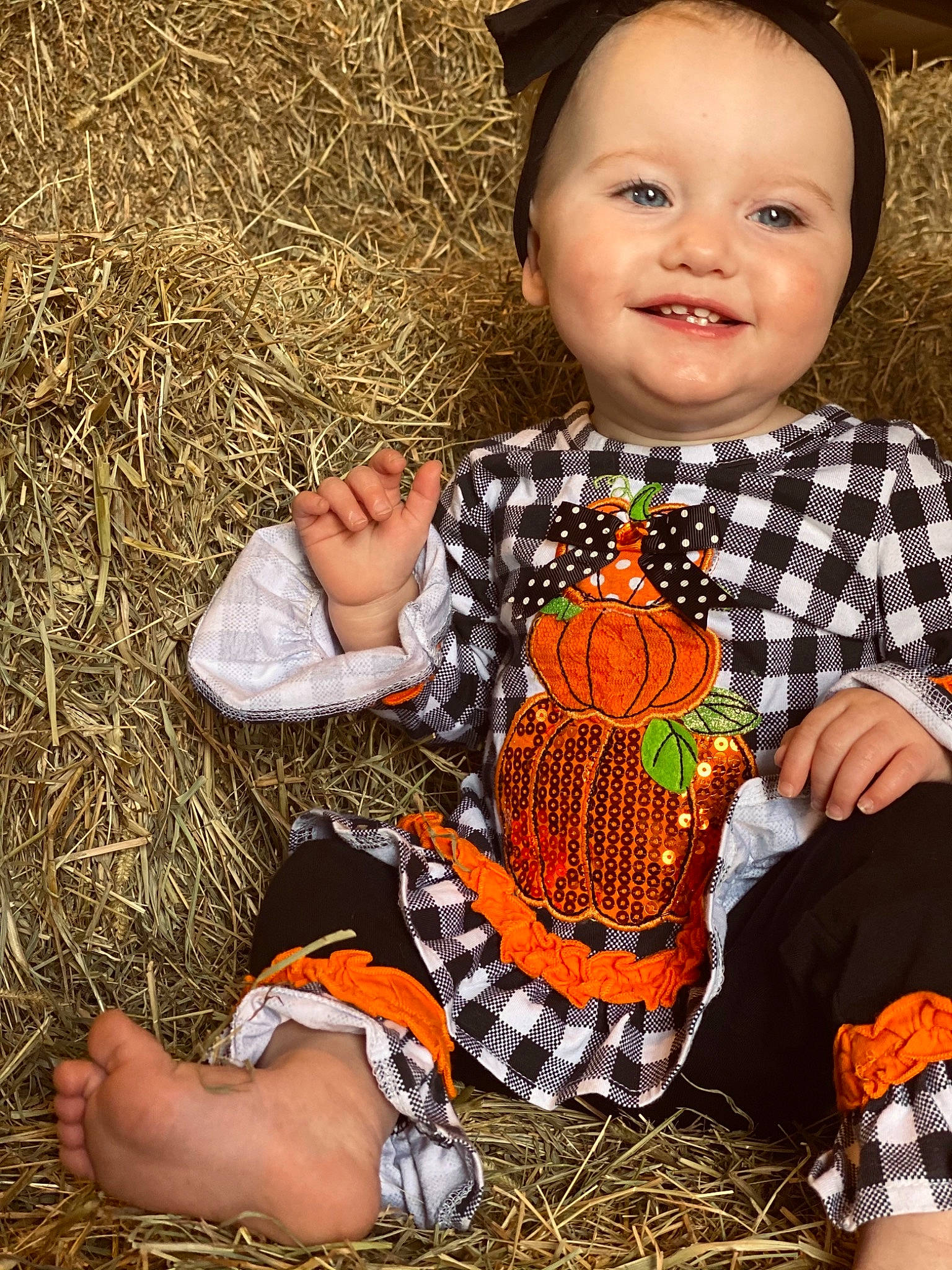 Emma-leigh joined the competition — help win amazing prizes! baby, child, fawn, grass, hay, joy, leg, person, plant, play, pumpkin, sitting, straw, toddler