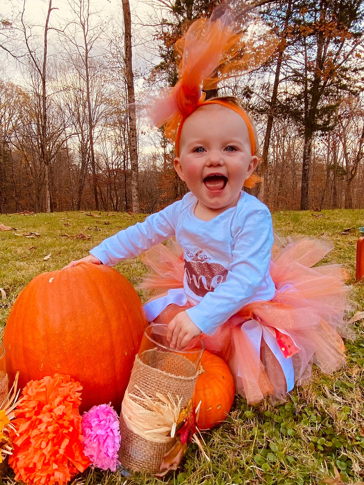 Emma-leigh joined the competition — help win amazing prizes! autumn, baby, calabaza, child, costume, cucurbita, gourd, grass, happy, orange, person, plant, pumpkin, sitting, smile, toddler, tree, trick_or_treat, winter_squash