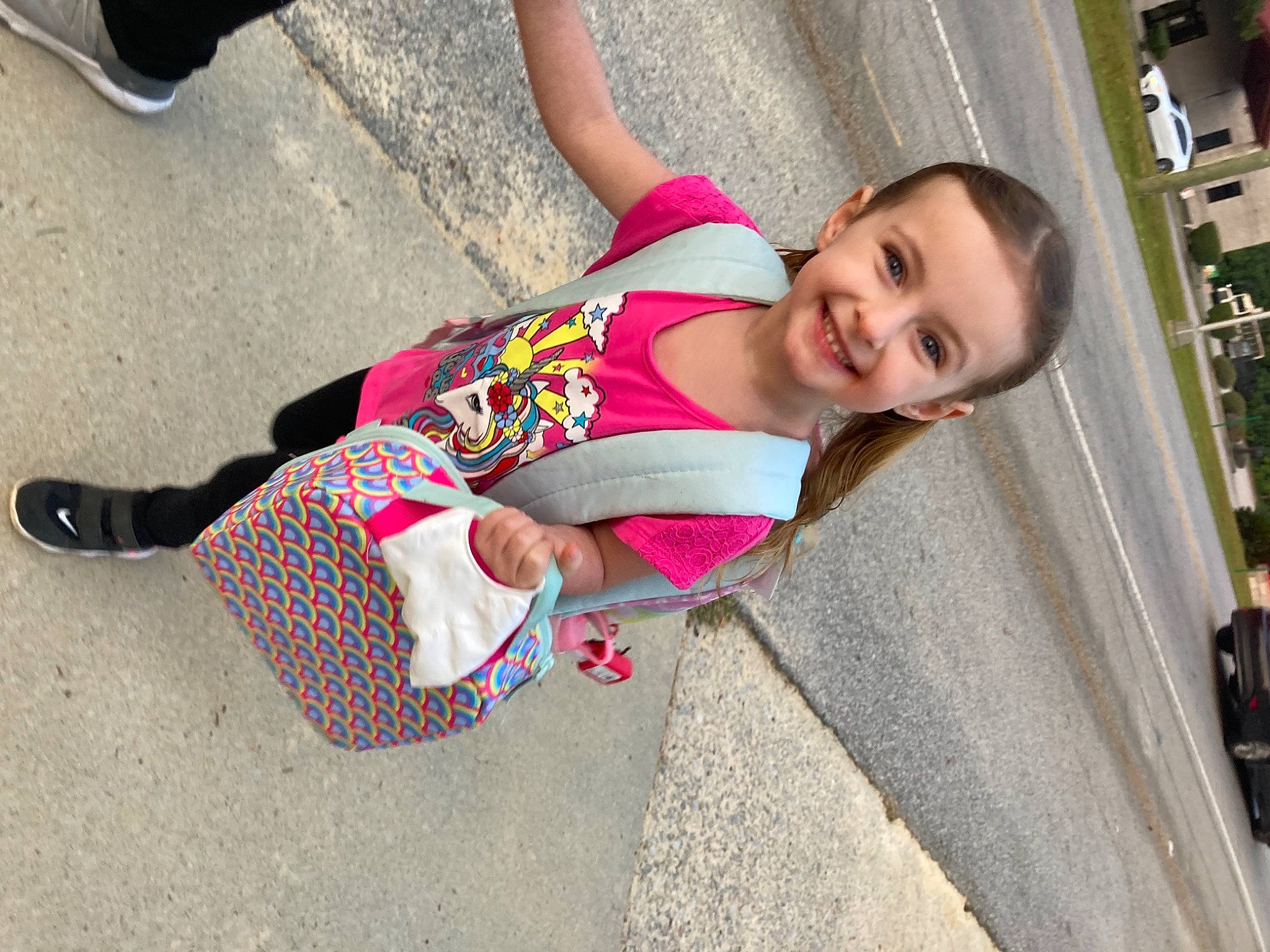 Harper is registered to the contest to win money with this photo: automotive_exterior, dress, fun, human_leg, joint, joy, knee, leg, leisure, magenta, pattern, person, pink, sandal, shoe, smile, street_fashion, thigh, toddler, vehicle_door