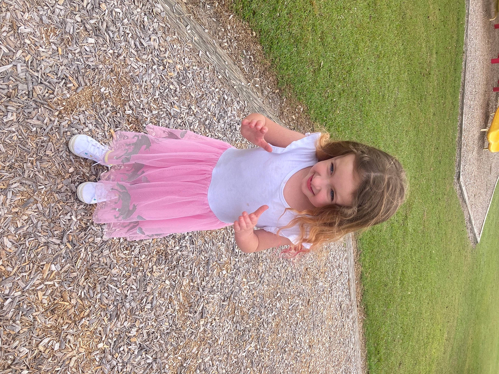 Harper is registered to the contest to win money with this photo: asphalt, baby_toddler_clothing, child, dress, fun, grass, grass_family, grassland, hair, happy, joy, leisure, people_in_nature, person, petal, pink, plant, road_surface, shadow, smile