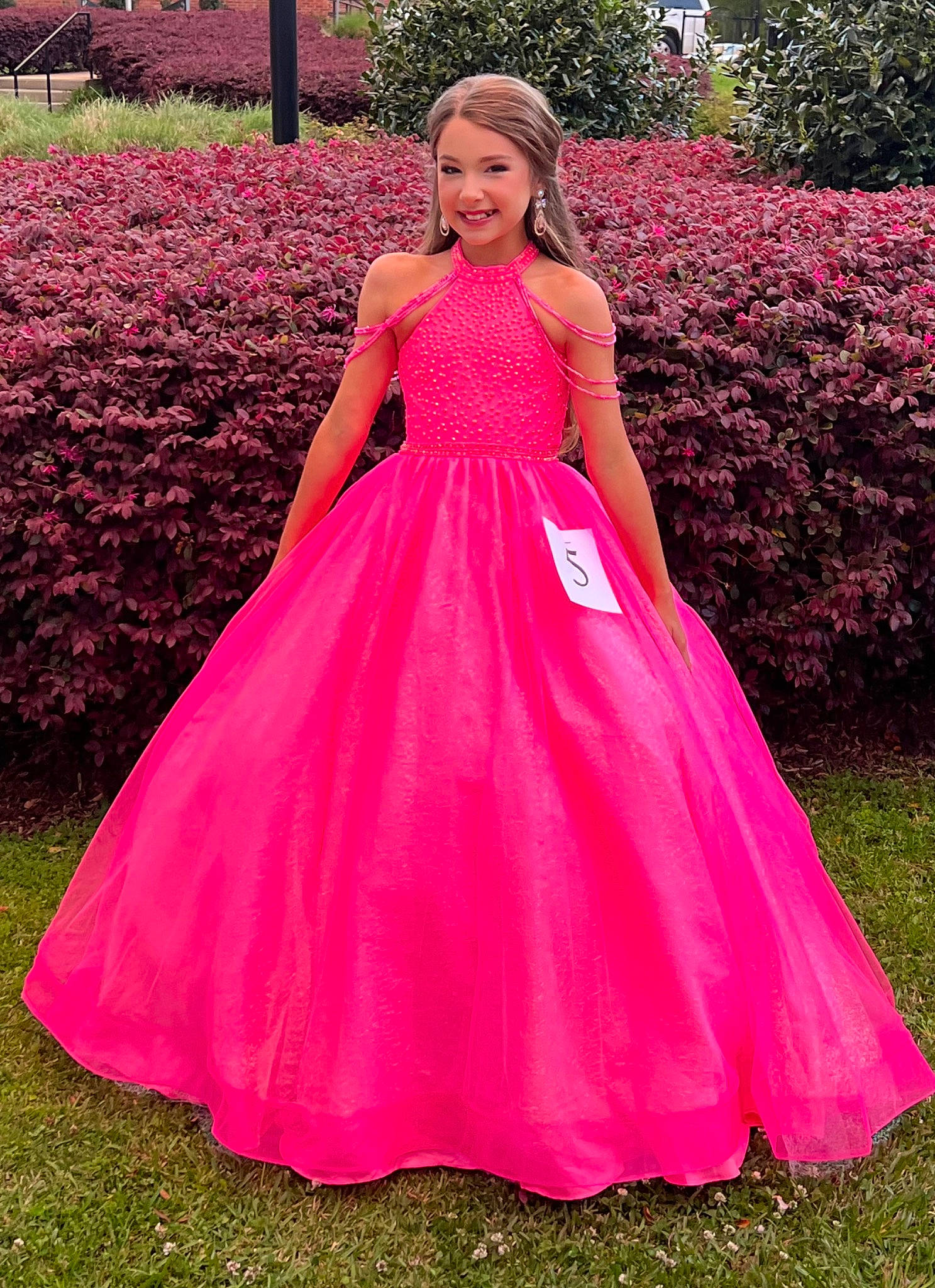 Annmarie is registered to the contest to win money with this photo: arm, bridal_clothing, bridal_party_dress, day_dress, dress, fashion_design, gown, grass, hair, happy, joy, neck, one_piece_garment, people_in_nature, person, pink, plant, prom, sleeve, strapless_dress