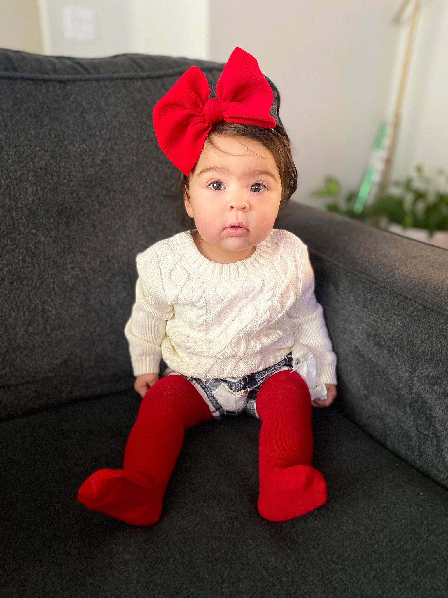 Olive joined the competition — help win amazing prizes! baby, baby_toddler_clothing, cheek, child, collar, comfort, costume_hat, couch, face, fur, grass, happy, human_body, magenta, outerwear, pattern, person, sitting, sleeve, sock