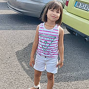 Nila participe au concours pour gagner de l'argent avec cette photo : asphalt, bracelet, car, casual_clothing, child, cute, daylight, fashion, girl, happy, necklace, outdoor, parking_lot, portrait, sandals, shorts, smiling, standing, summer, tank_top