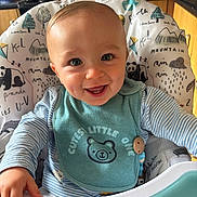 Boycie-Lloyd joined the competition — help win amazing prizes! baby, smiling, high_chair, bib, blue_eyes, cute, indoor, kitchen, child, happy, infant, clothing, face, person, seat, patterned, panda, toy, wooden, striped