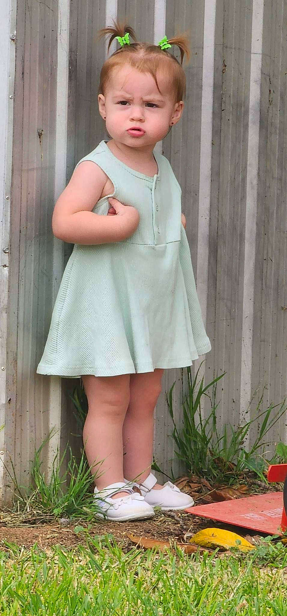 Avah joined the competition — help win amazing prizes! baby_toddler_clothing, blond, day_dress, grass, human_leg, joint, knee, one_piece_garment, pattern, person, photograph, pink, plant, sleeve, sorrow, standing, thigh, toddler, vintage_clothing, waist