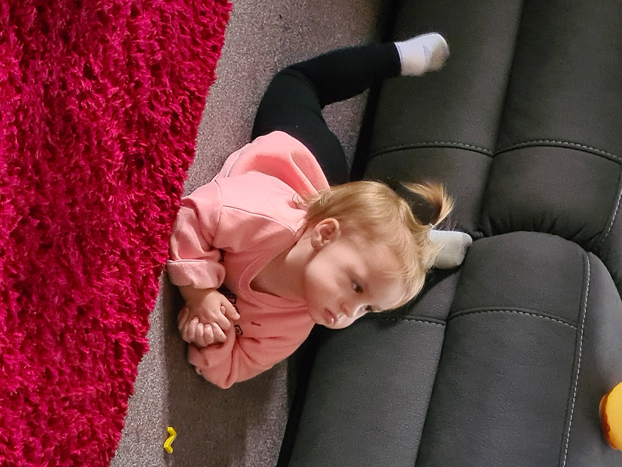 Avah joined the competition — help win amazing prizes! baby, baby_products, baby_toddler_clothing, car_seat, carmine, child, comfort, couch, gesture, hairstyle, human_leg, leg, linens, magenta, nap, person, petal, sitting, sock, textile