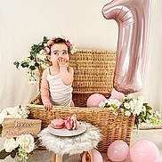 Amaia participe au concours pour gagner de l'argent avec cette photo : baby, flower_crown, wicker_basket, pink_balloon, number_one_balloon, macarons, plate, stool, flowers, birthday, celebration, cute, infant, white_background, decor, pink, child, sitting, indoors, portrait