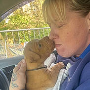 Chunk joined the competition — help win amazing prizes! affection, blonde_hair, car_interior, casual_clothing, close_up, collar, cute, dog, hand, intimate_moment, natural_light, nose_touch, outdoor_background, pet, puppy, seat, tattoo, towel, window, woman
