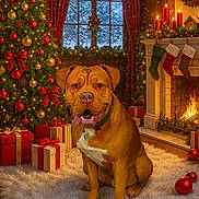 Chunk joined the competition — help win amazing prizes! candles, carpet, christmas_tree, cozy, curtains, dog, festive, fireplace, holiday_decorations, indoor, ornaments, presents, ribbon_bows, smiling_dog, snow, stockings, warm_lighting, window, wood_floor, wreath