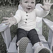 Nora joined the competition — help win amazing prizes! baby, baby_shoes, chair, child, cute, eyes, face, grass, hands, happy, headband, jeans, long_sleeve, outdoor, playful, portrait, shoes, sitting, smiling, wooden_chair