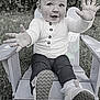 baby, baby_shoes, chair, child, cute, eyes, face, grass, hands, happy, headband, jeans, long_sleeve, outdoor, playful, portrait, shoes, sitting, smiling, wooden_chair