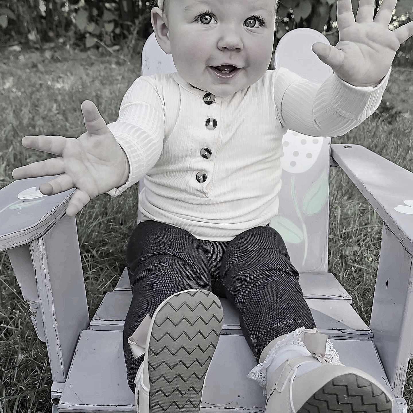 Nora joined the competition — help win amazing prizes! baby, baby_shoes, chair, child, cute, eyes, face, grass, hands, happy, headband, jeans, long_sleeve, outdoor, playful, portrait, shoes, sitting, smiling, wooden_chair