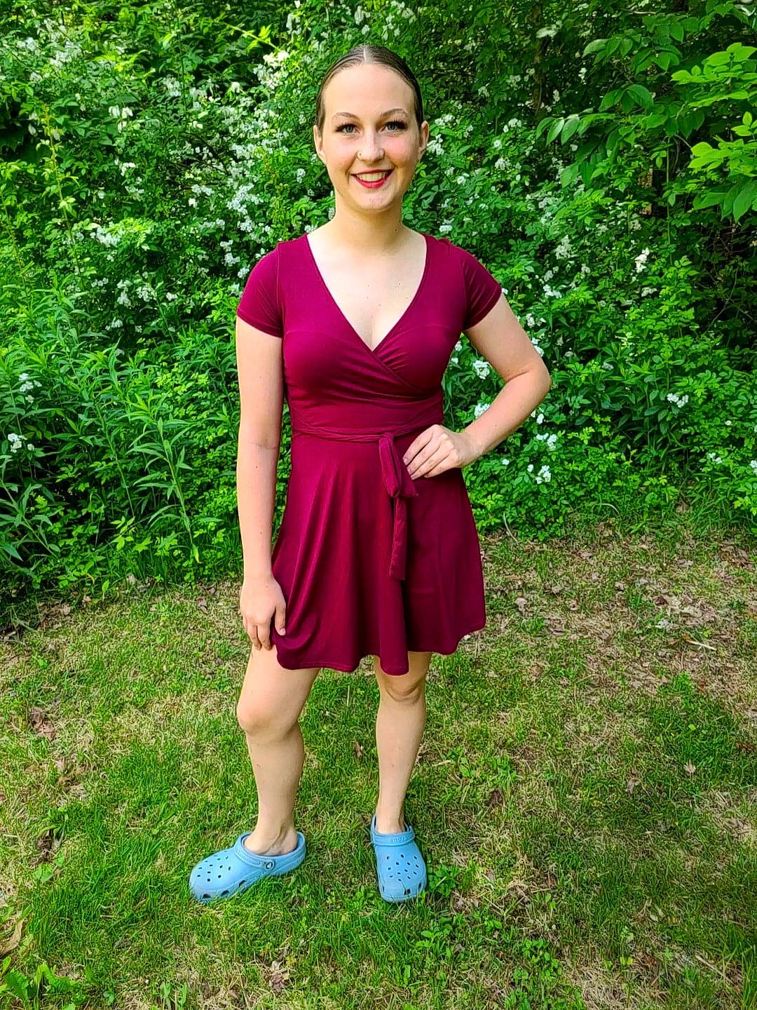 Juliana G joined the competition — help win amazing prizes! blond, clothing, day_dress, electric_blue, fawn, formal_wear, grass, high_heels, joy, magenta, one_piece_garment, pattern, people_in_nature, person, plant, shrub, sleeve, smile, street_fashion, tree