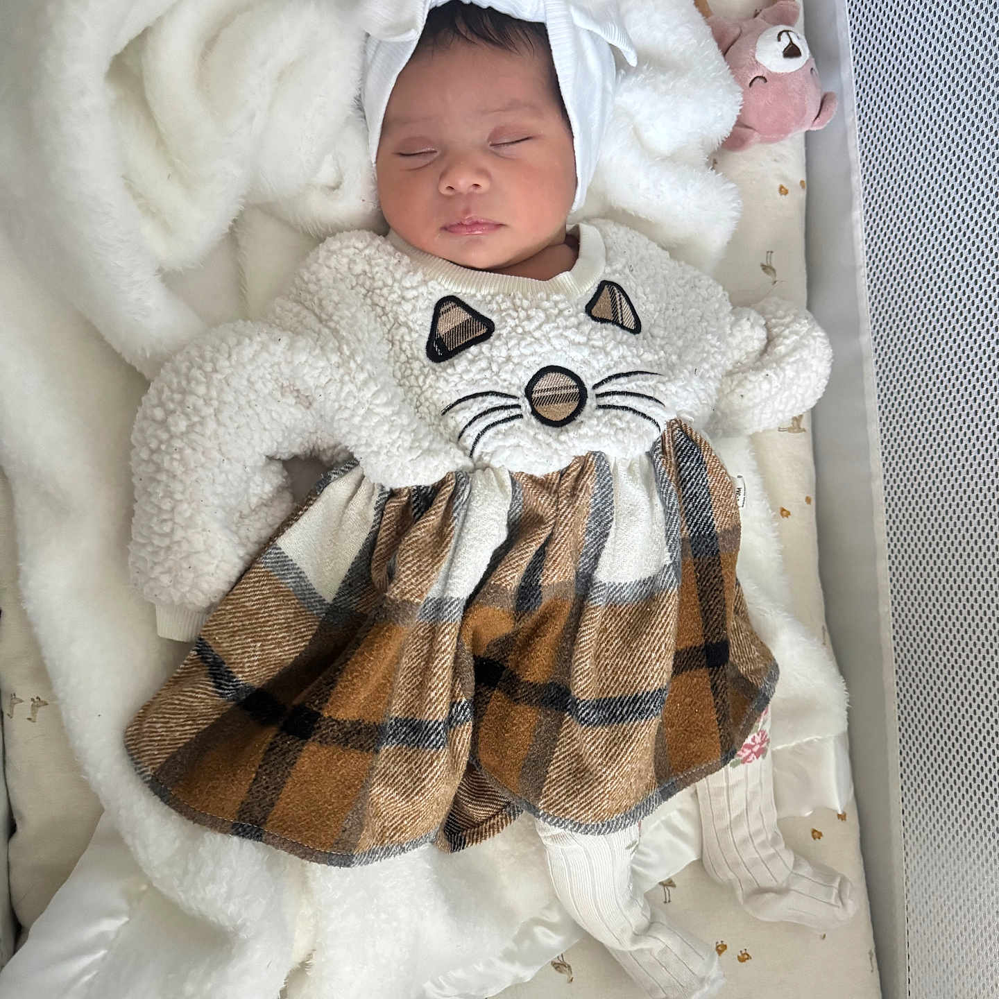 Violette Ramos joined the competition — help win amazing prizes! baby, baby_clothing, blanket, cat_costume, crib, crib_bedding, cute, fluffy_outfit, indoors, infant, mesh_rail, newborn, nursery, peaceful, pink_toy, plaid_skirt, plush_toy, portrait, sleeping, white_socks