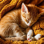 Bounty a rejoint le concours — aidez-le/la à gagner de superbes lots ! kitten, cat, sleeping, orange_tabby, fur, paw, cozy, blanket, yellow, closeup, cute, pet, animal, whiskers, relaxing, nap, soft, feline, indoor, young