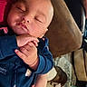 newborn, baby, sleeping, infant, portrait, face, hands, blue_clothing, onesie, car, cuddling, peaceful, indoors, dog, pet, close_up, family, soft_lighting, resting, cute