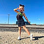 Abriella joined the competition — help win amazing prizes! child, girl, cheerleader, pose, outdoor, sunny, blue_sky, railroad_tracks, smile, peace_sign, black_bow, white_shoes, dress, concrete, rocks, shadow, happy, young, person, daytime