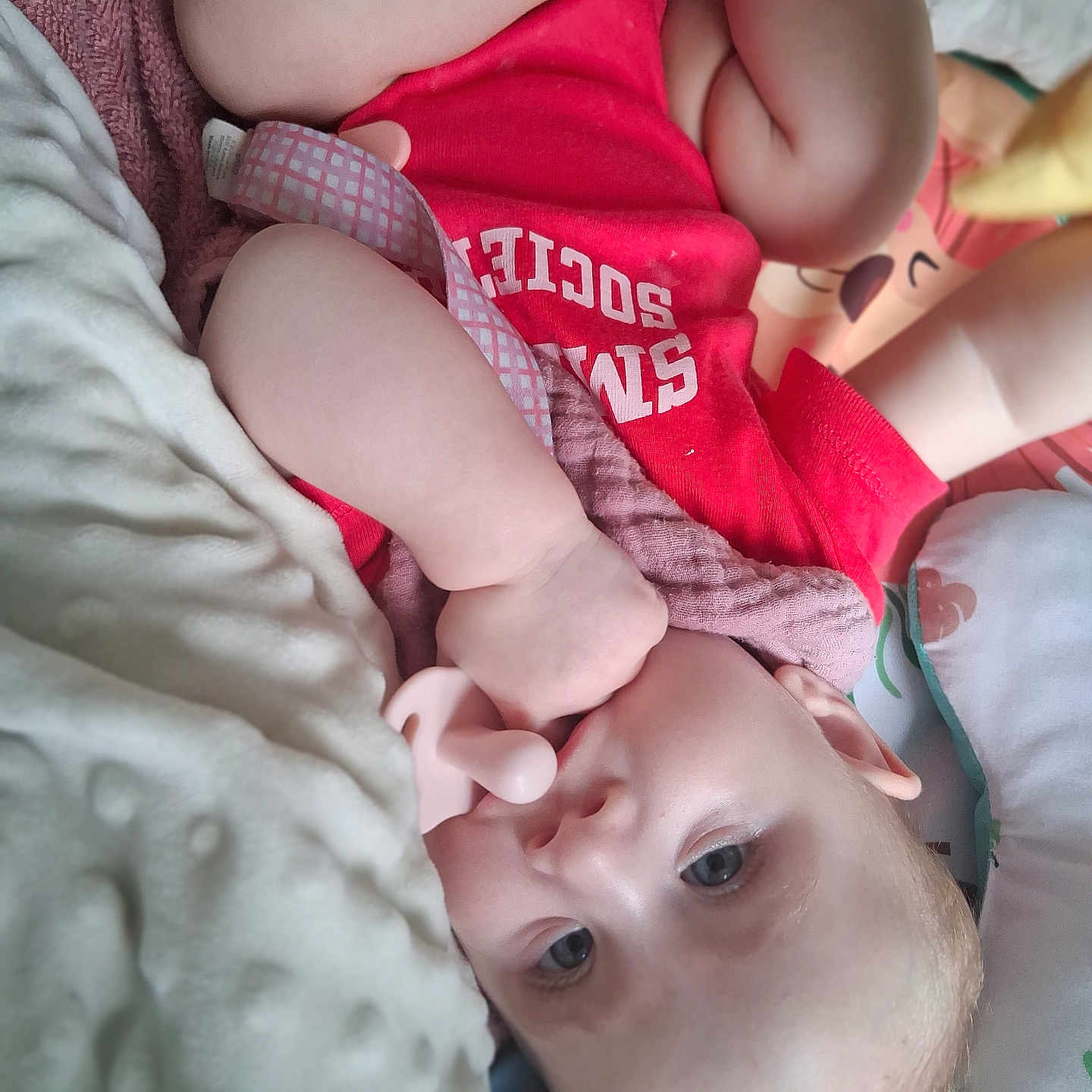 Olivia A joined the competition — help win amazing prizes! baby, infant, pacifier, red_shirt, blanket, pillow, soft_texture, lying_down, face, blue_eyes, skin, hand, arm, cute, indoors, child, clothing, comfort, resting, portrait