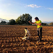 Winnie participe au concours pour gagner de l'argent avec cette photo : animal, casual_clothing, daylight, dog, earth, field, interaction, leash, man, mountain, nature, outdoor, pet, plowed_land, sitting, sky, standing, sunlight, training, tree