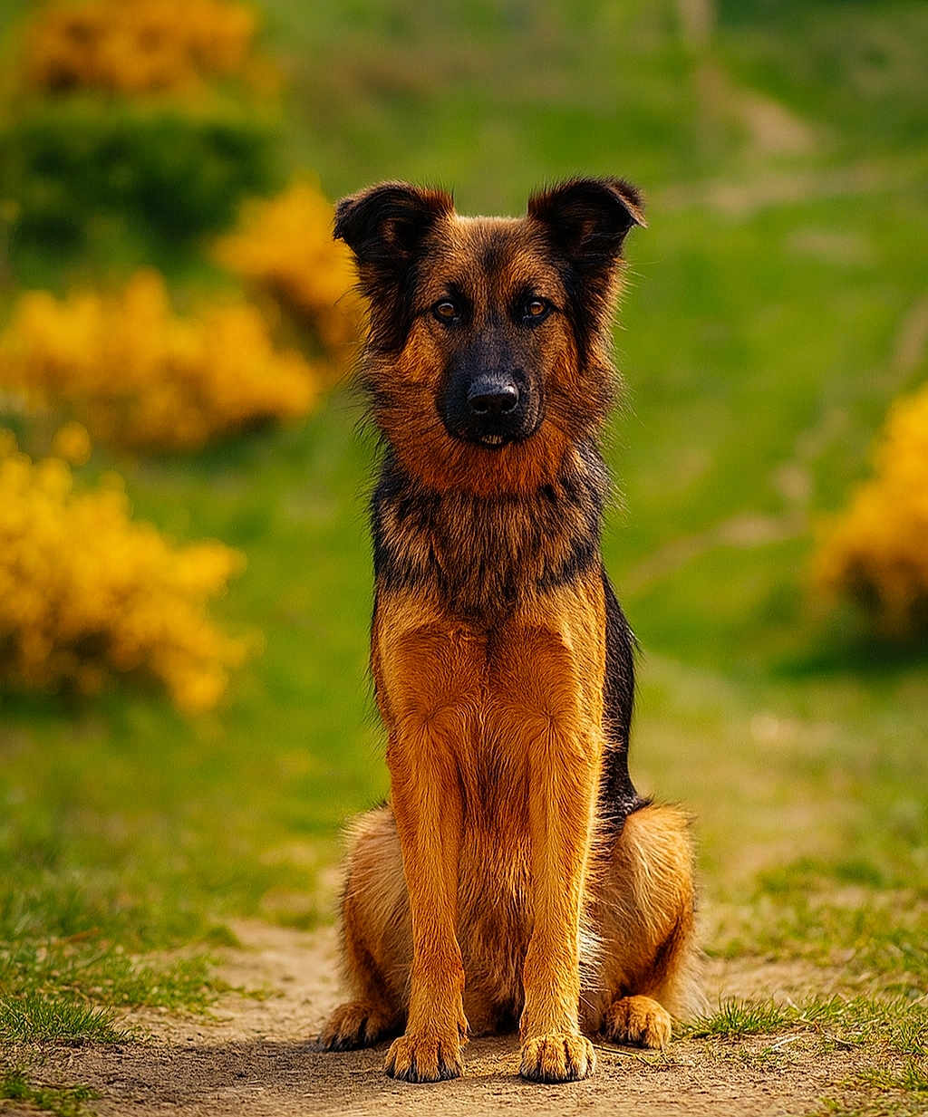 Belle a rejoint le concours — aidez-le/la à gagner de superbes lots ! dog, canine, sitting, outdoor, nature, portrait, brown_coat, black_mask, fluffy_fur, alert_ears, dark_eyes, muzzle, paws, path, grass, yellow_flowers, bokeh, foresty_background, centered_composition, sunlit