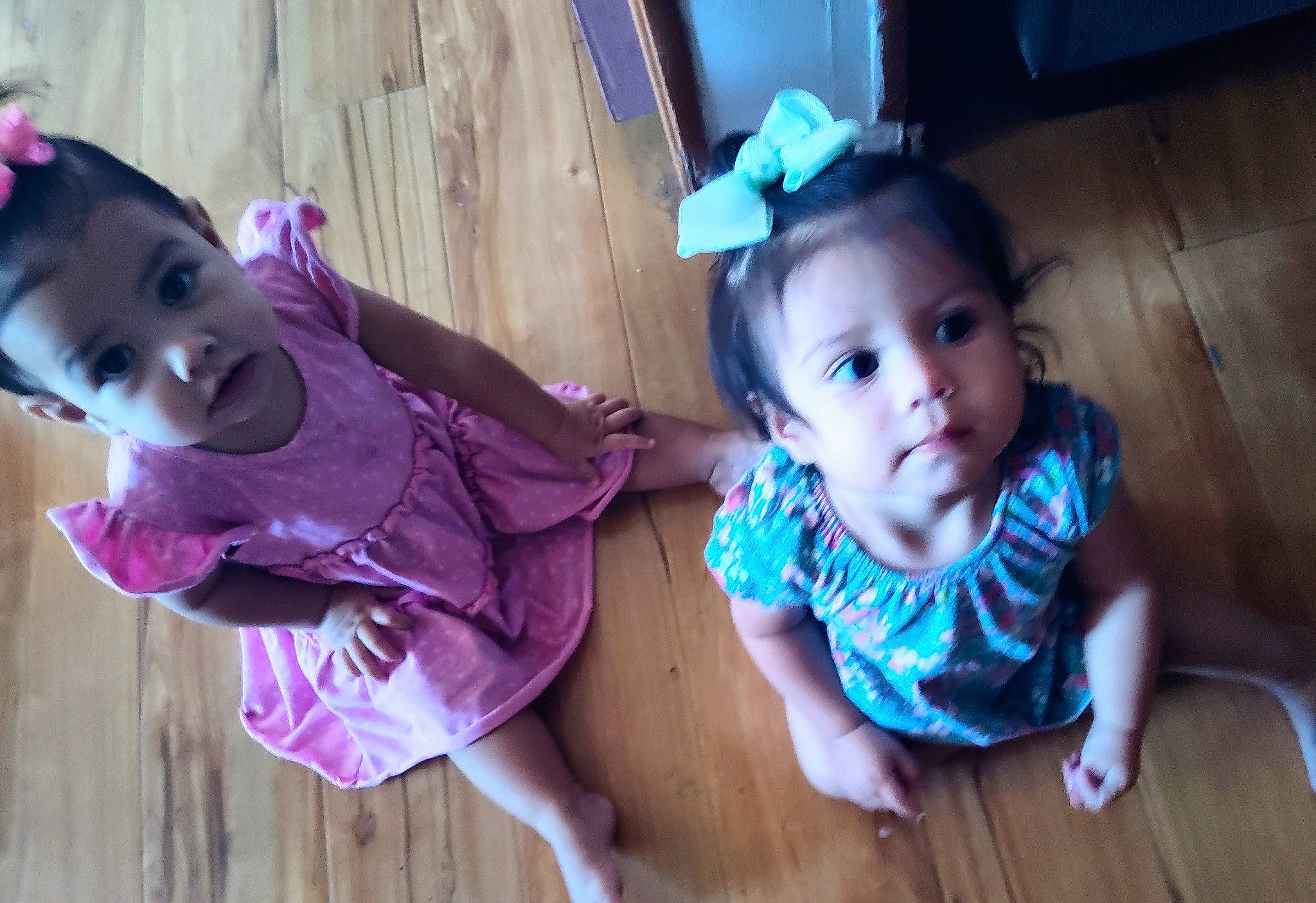 Aleah And Sophia joined the competition — help win amazing prizes! baby, baby_toddler_clothing, cheek, child, eye, flash_photography, flooring, fun, happy, hardwood, iris, magenta, person, pink, purple, sitting, skin, snapshot, toddler, violet