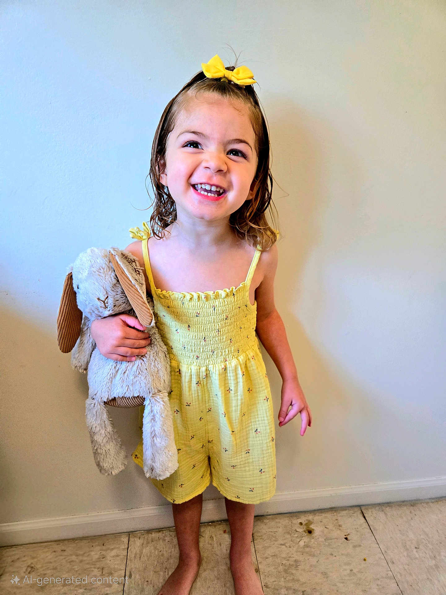 Ellie is registered to the contest to win money with this photo: child, girl, smiling, yellow_dress, hair_bow, plush_toy, bunny, barefoot, standing, indoor, floor, wall, happy, cute, portrait, young_child, toy, clothing, person, playful