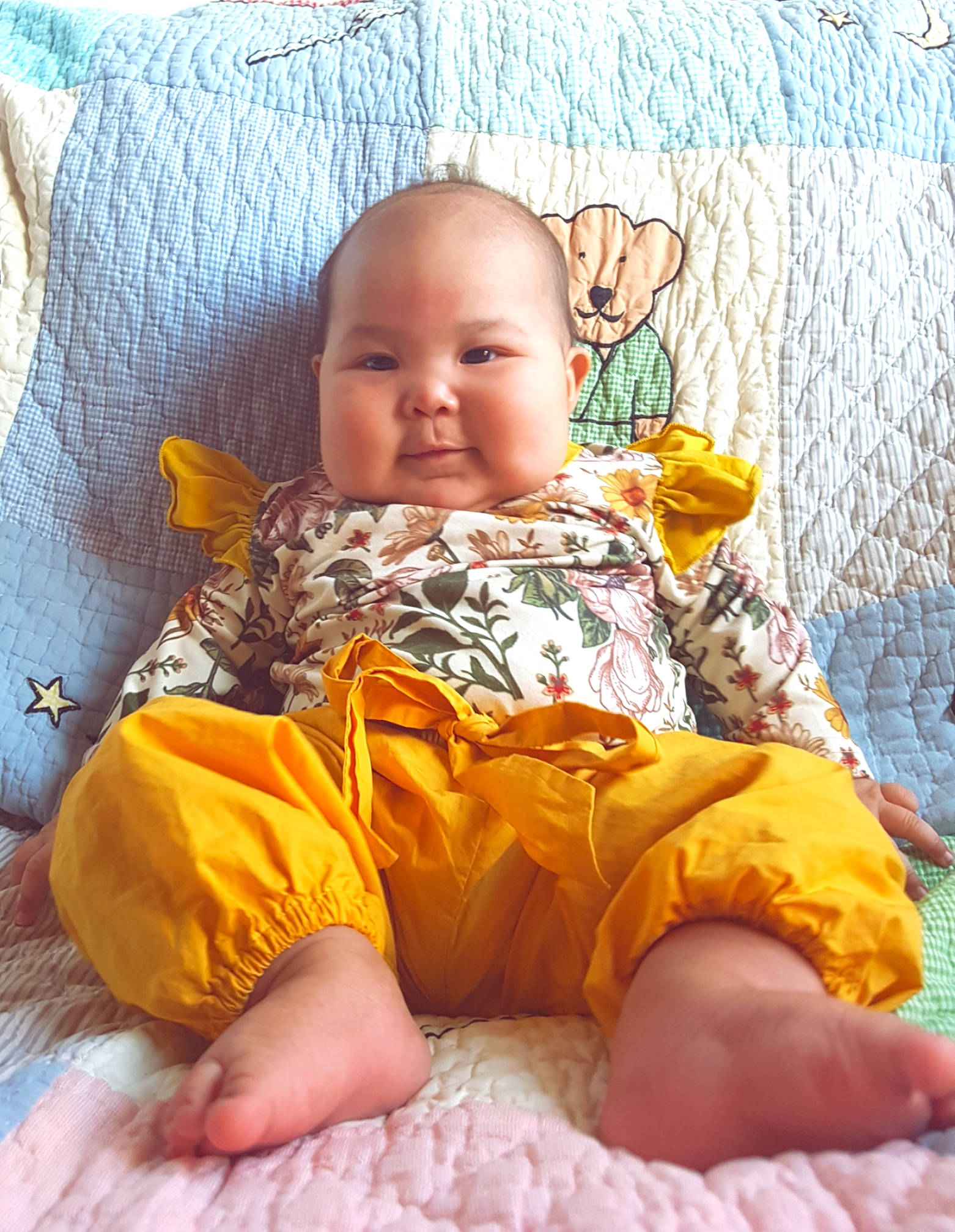 Emmalyn joined the competition — help win amazing prizes! baby, child, happy, person, sitting, smile, toddler, yellow