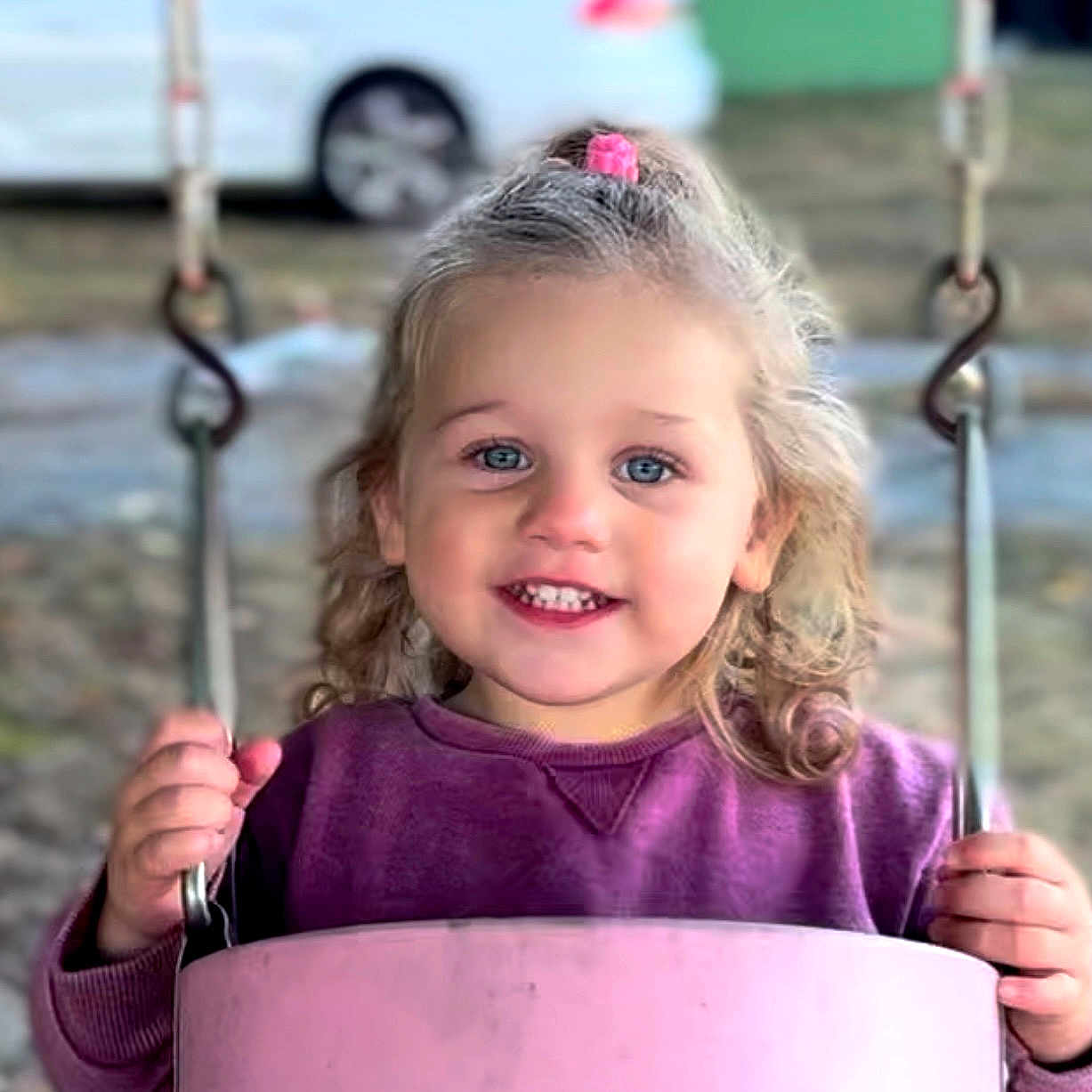 Dahlia joined the competition — help win amazing prizes! baby, babylaughing, car, child, face, female, girl, hair, happy, head, machine, outdoors, person, photography, portrait, smile, swing, transportation, vehicle, wheel