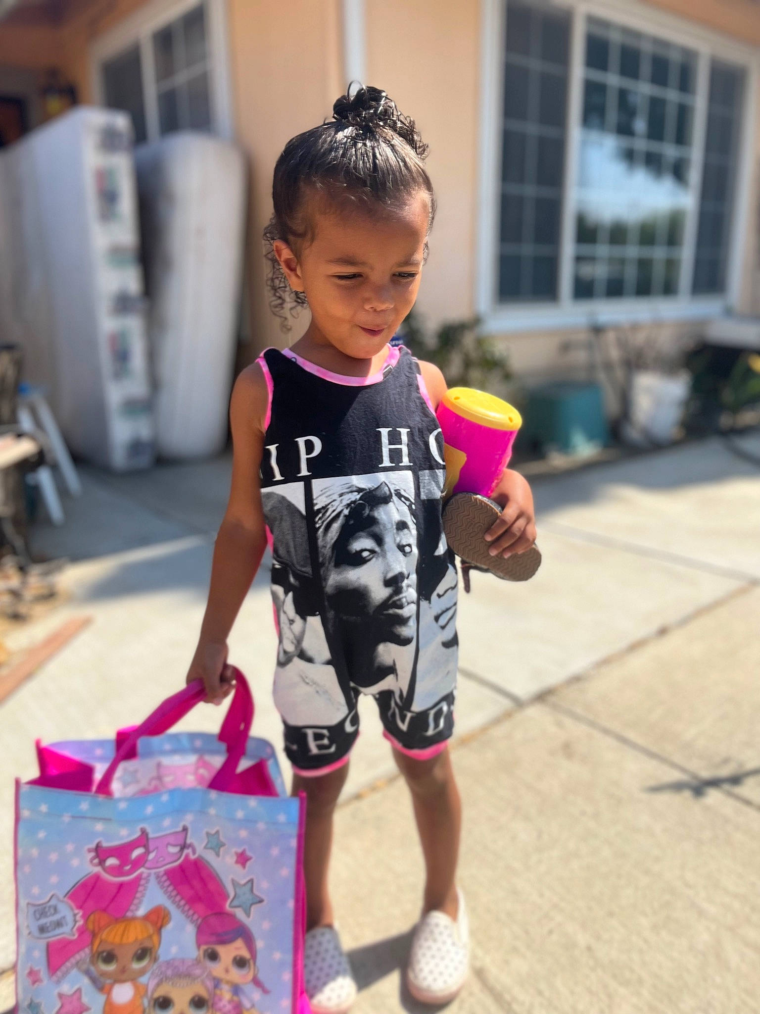 Freya joined the competition — help win amazing prizes! bag, child, event, eyewear, fun, happy, human_leg, leisure, person, play, recreation, road, shorts, sleeve, sportswear, street, t_shirt, thigh, toddler, waist