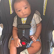 Nathan is registered to the contest to win money with this photo: baby, buckled, car_seat, child, face, gray_clothing, hands, indoors, infant, infant_carrier, legs, photography, portrait, safe_travel, safety_harness, serious, shorts, sitting, socks, vehicle