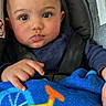 baby, blanket, blue, bottle, car_seat, child, clothing, curious, cute, drool, eyes, face, hand, indoors, infant, portrait, seatbelt, sitting, warm, young