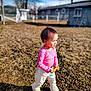 Sophia joined the competition — help win amazing prizes! child, toddler, outdoor, grass, pink_shirt, white_pants, slippers, holding_toy, walking, portrait, sunlight, shadow, yard, house, fence, blurred_background, playground, tree, cute, candid