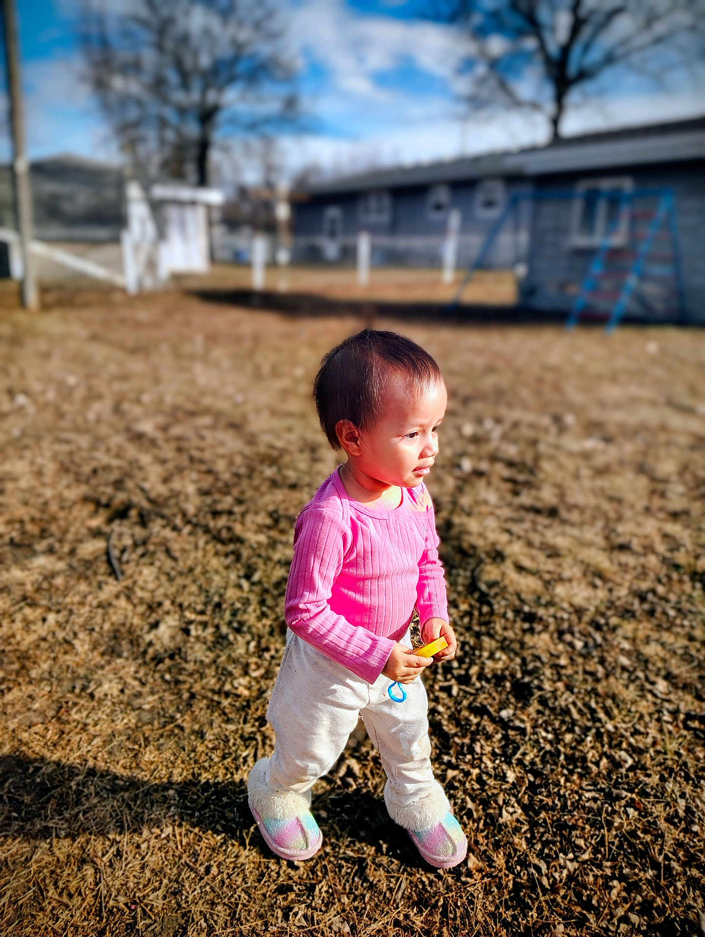 Sophia joined the competition — help win amazing prizes! child, toddler, outdoor, grass, pink_shirt, white_pants, slippers, holding_toy, walking, portrait, sunlight, shadow, yard, house, fence, blurred_background, playground, tree, cute, candid