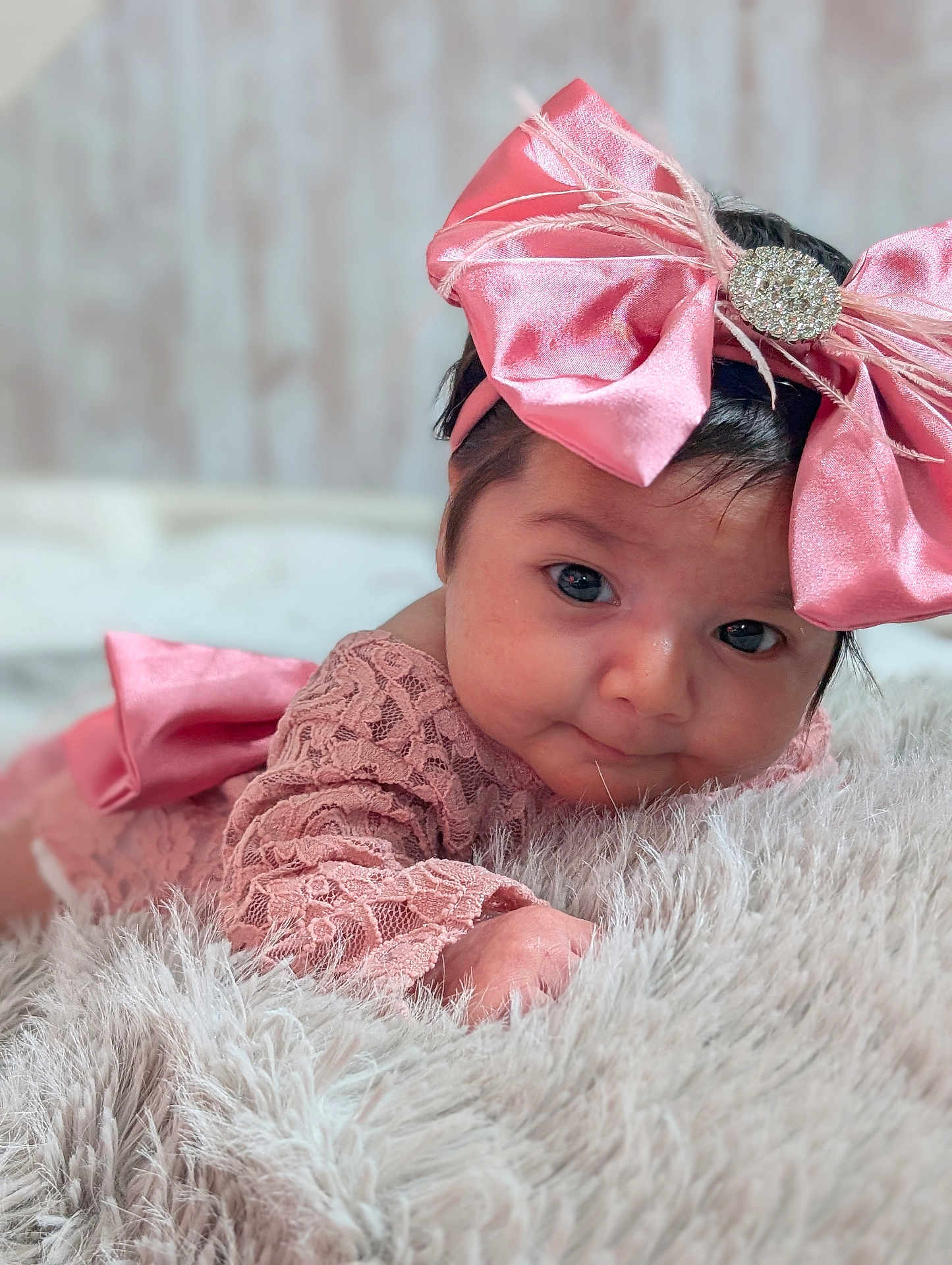 Suzan joined the competition — help win amazing prizes! baby, infant, pink_bow, headband, lace, blanket, fluffy, cute, portrait, child, face, small_hand, lying_down, soft_texture, adorable, indoor, closeup, infant_clothing, baby_girl, young_child