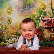 Giulia participe au concours pour gagner de l'argent avec cette photo : baby, smiling, infant, fantasy_background, mushroom_house, greenery, plants, whimsical, portrait, child, cute, soft_blanket, indoor, happy, clothing, denim_overalls, white_shirt, face, playful, colorful