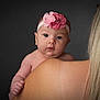Emmy participe au concours pour gagner de l'argent avec cette photo : adult, baby, background, blonde_hair, child, closeup, curious, cute, expression, eyes, face, flower, headband, infant, person, pink, portrait, shoulder, skin, studio