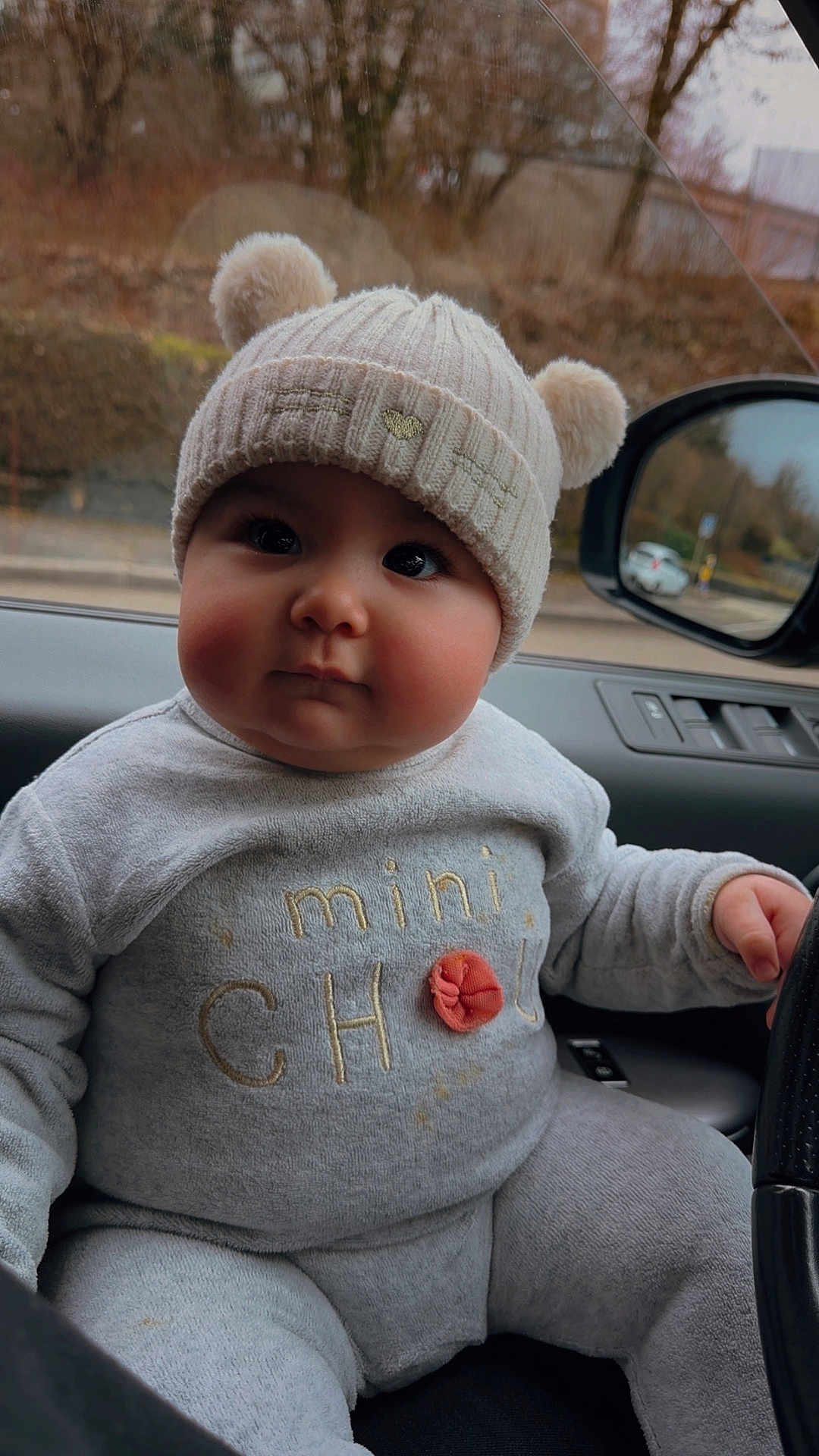 Emmy a rejoint le concours — aidez-le/la à gagner de superbes lots ! baby, infant, child, beanie_hat, pompom, chubby_cheeks, onesie, gray_clothing, car_interior, steering_wheel, car_mirror, window, trees, road, winter, portrait, close_up, sitting, hand, cute