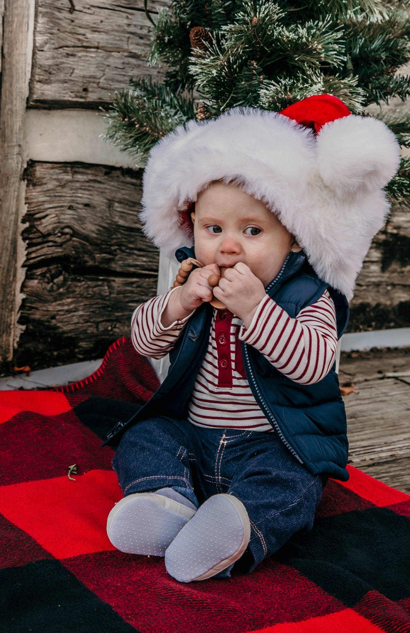 Abram joined the competition — help win amazing prizes! child, christmas, christmas_eve, fictional_character, fur, fur_clothing, headgear, holiday, person, red, santa_claus, sitting, toddler, winter